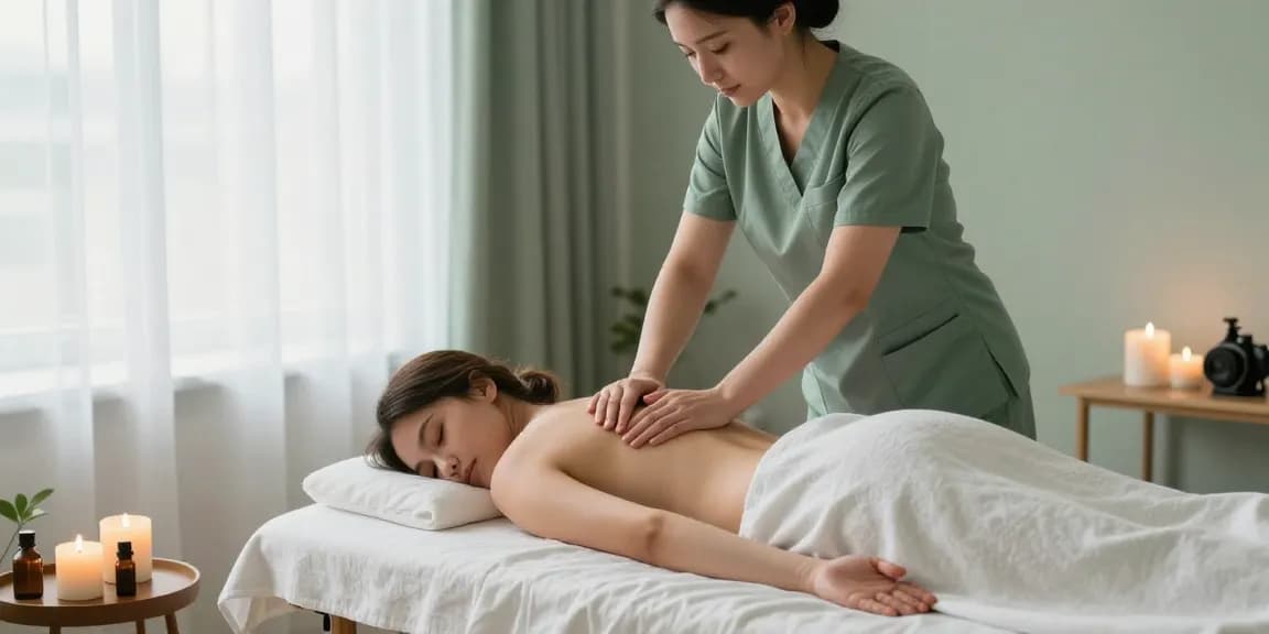 러시아마사지 치료를 받는 고객과 전문 마사지사의 편안한 장면입니다.