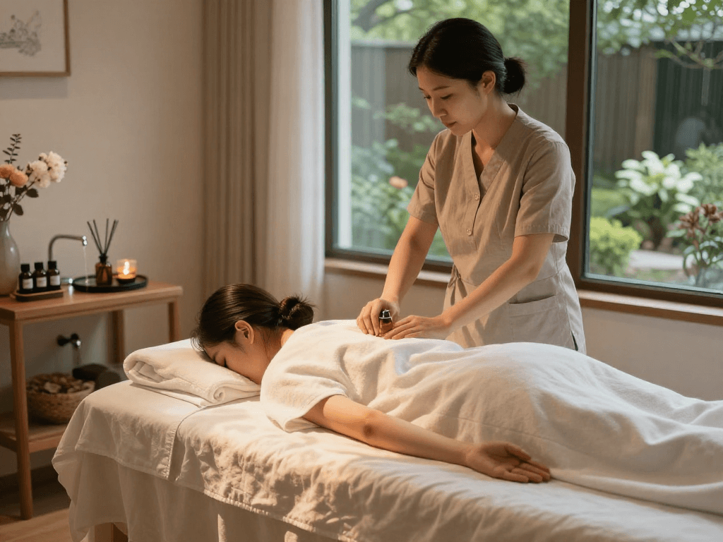 Relaxation during a 서대문출장안마 session in a peaceful spa environment featuring calming decor and fragrant oils.