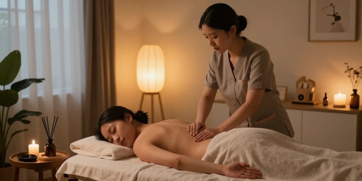 Relaxing 안산출장안마 scene with a professional massage therapist in a calm home setting