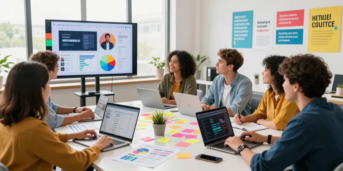 SNS 人気 アカウント 作り方をテーマにした現代的なデジタルマーケティングワークスペースのコラボレーションシーン。