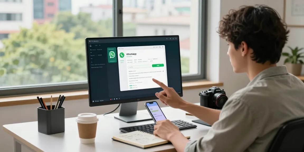 Young professional engaging with WhatsApp網頁版 in a stylish home office setting.