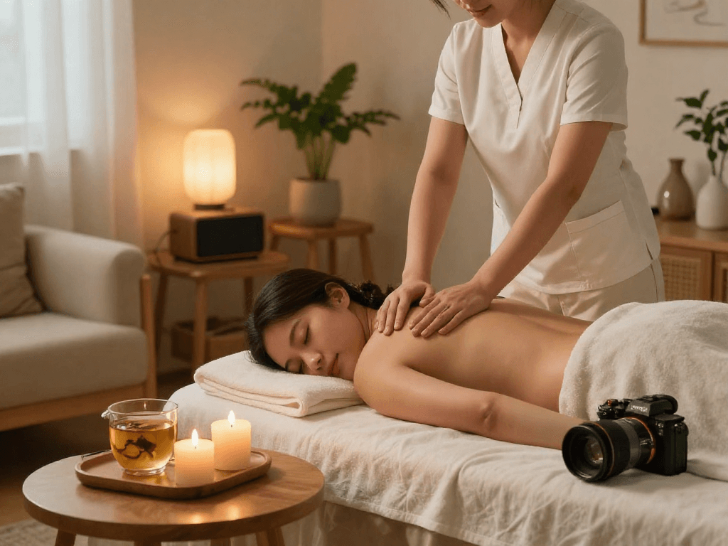 Enjoying a peaceful 동작구출장안마 experience in a calming home atmosphere with soothing candles and soft lighting.