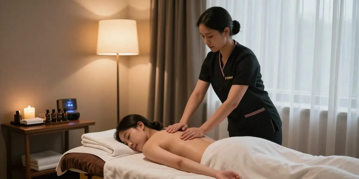 강남러시아출장 마사지 전문가가 호텔 방에서 준비하는 장면으로, 편안한 분위기와 고급스러운 환경을 강조합니다.
