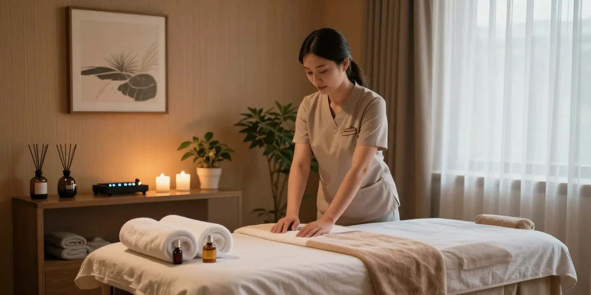 화성출장안마를 위해 준비된 아늑한 마사지 룸, 아로마 오일과 수건이 놓여있는 마사지 테이블