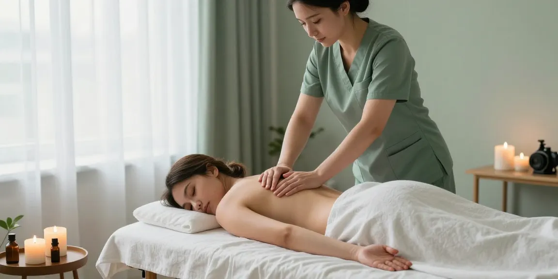 러시아마사지 치료를 받는 고객과 전문 마사지사의 편안한 장면입니다.