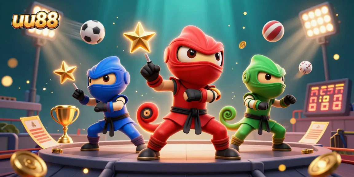 uu88 chameleon ninjas showcase dynamic martial arts in a vibrant casino-themed illustration