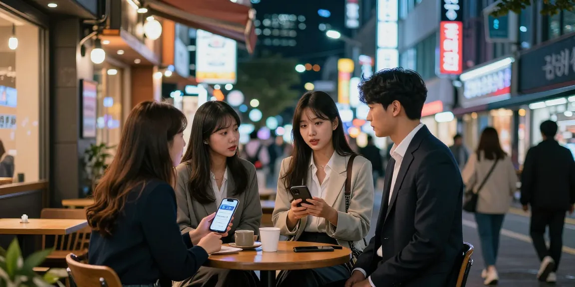 퀸알바에 대해 이야기하는 젊은 전문가들이 모인 강남의 카페 외부 이미지