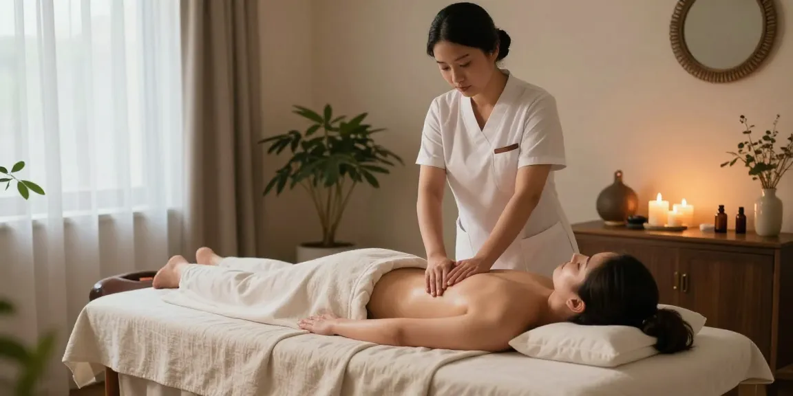 편안한 마사지 환경에서 1인샵에서 마사지 중인 모습과 아로마 향초가 있는 공간.