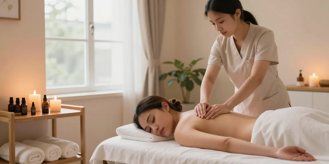 스웨디시 마사지 중인 고객과 치료사, 아로마 테라피가 있는 편안한 공간