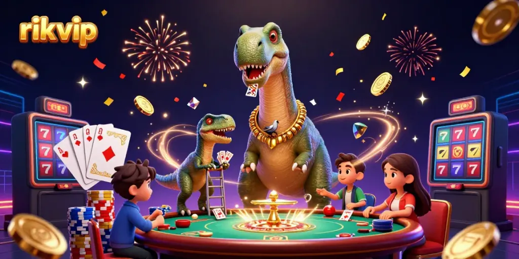 Experience thrilling gameplay in rik vip with a vibrant 3D casino scene filled with dynamic characters, coins, and cards.