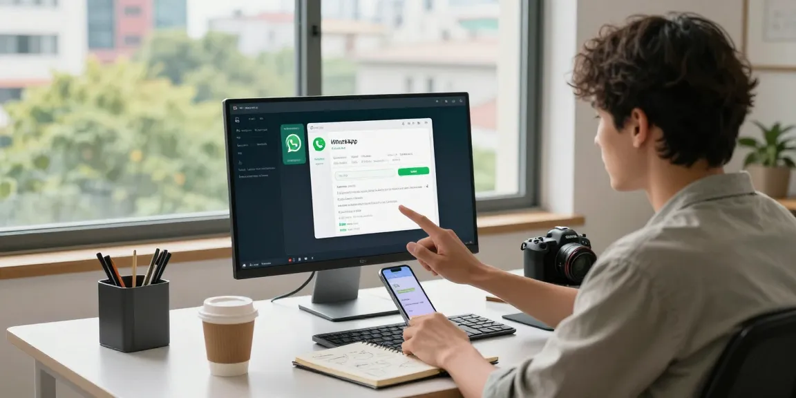 Young professional engaging with WhatsApp網頁版 in a stylish home office setting.