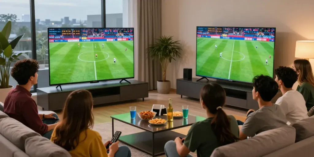 스포츠 중계 사이트 https://mst-tv.net에서 실시간 경기를 감상하는 장면, 친구들과 함께하는 응원 분위기