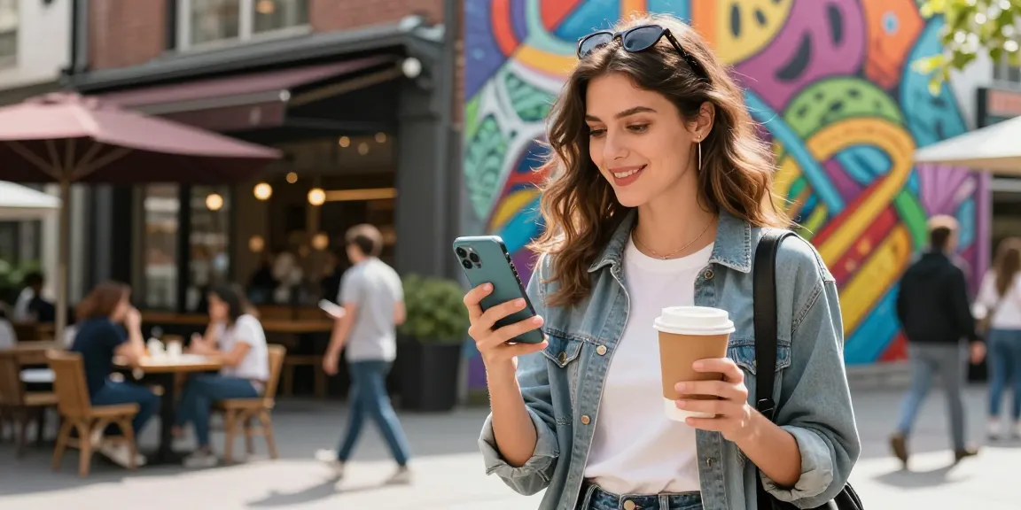 インスタ いいね 購入を利用している女性、街中でソーシャルメディアと交流中