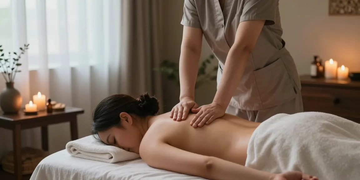 편안한 장식이 있는 스파에서의 마사지 치료 세션