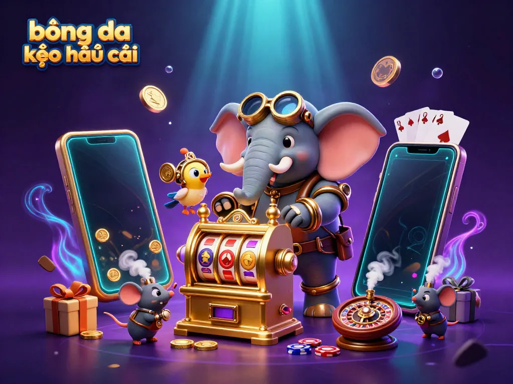 Experience bóng đá kèo nhà cái with this vibrant 3D illustration, featuring a steampunk elephant engineer operating a dynamic slot machine.