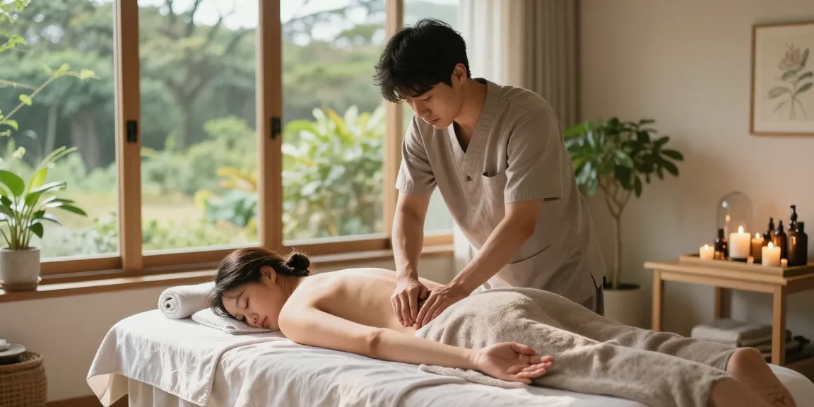 편안한 제주마사지 치료를 받는 남성 고객과 마사지 치료사, 아늑한 스파 환경을 배경으로 한 모습