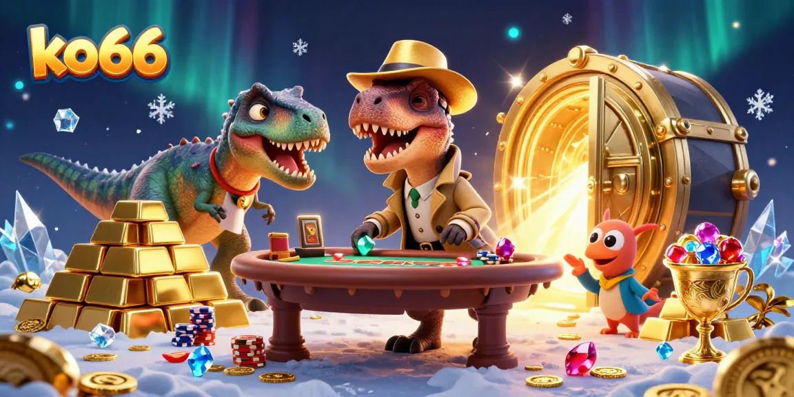 Engaging ko66 casino scene with a velociraptor at a blackjack table, showcasing vibrant gambling elements.