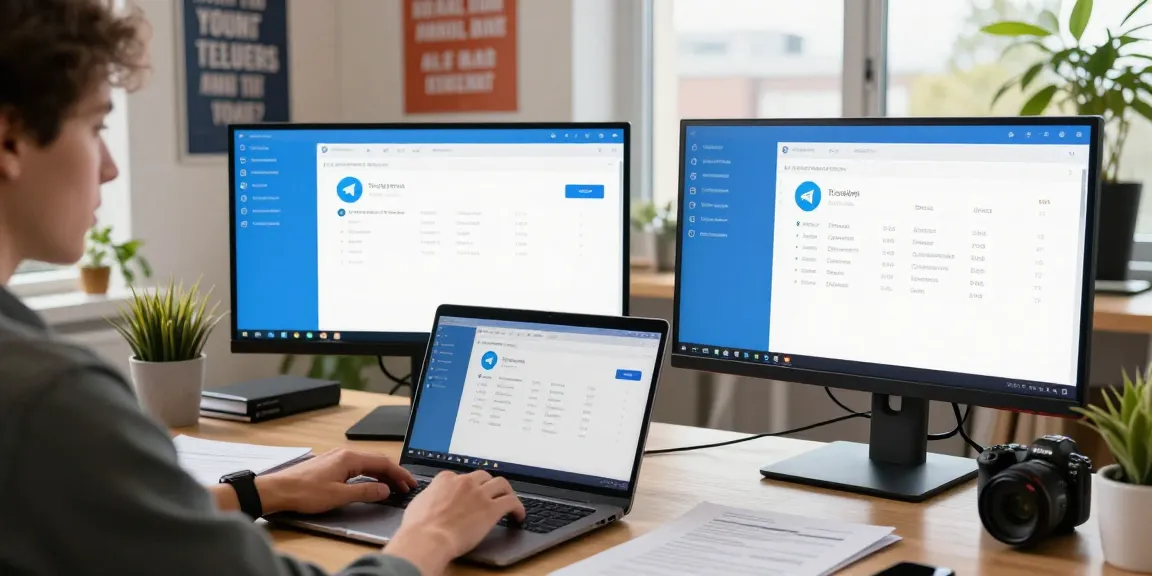 Customizing Telegram Chinese interface in a bright tech workspace with dual monitors and language settings.