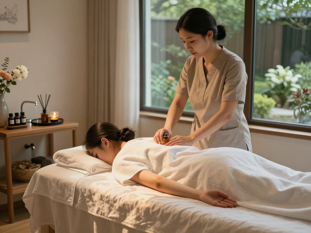 Relaxation during a 서대문출장안마 session in a peaceful spa environment featuring calming decor and fragrant oils.