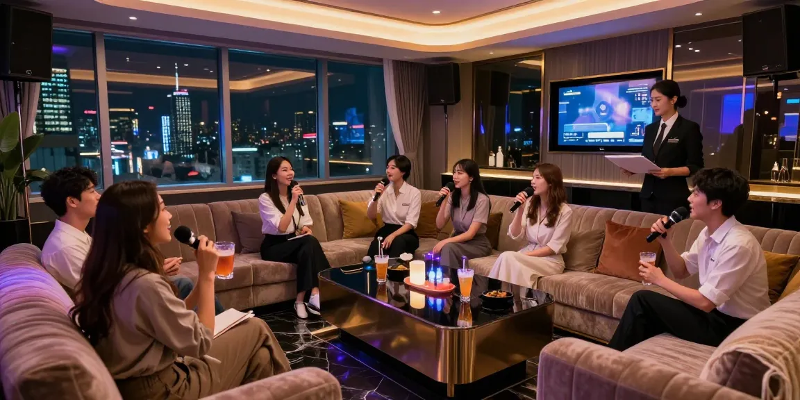 강남쩜오에서 즐기는 고급스러운 카라오케 라운지 풍경, 현대적인 인테리어와 프로페셔널한 접객 모습.