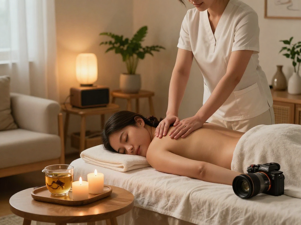Enjoying a peaceful 동작구출장안마 experience in a calming home atmosphere with soothing candles and soft lighting.