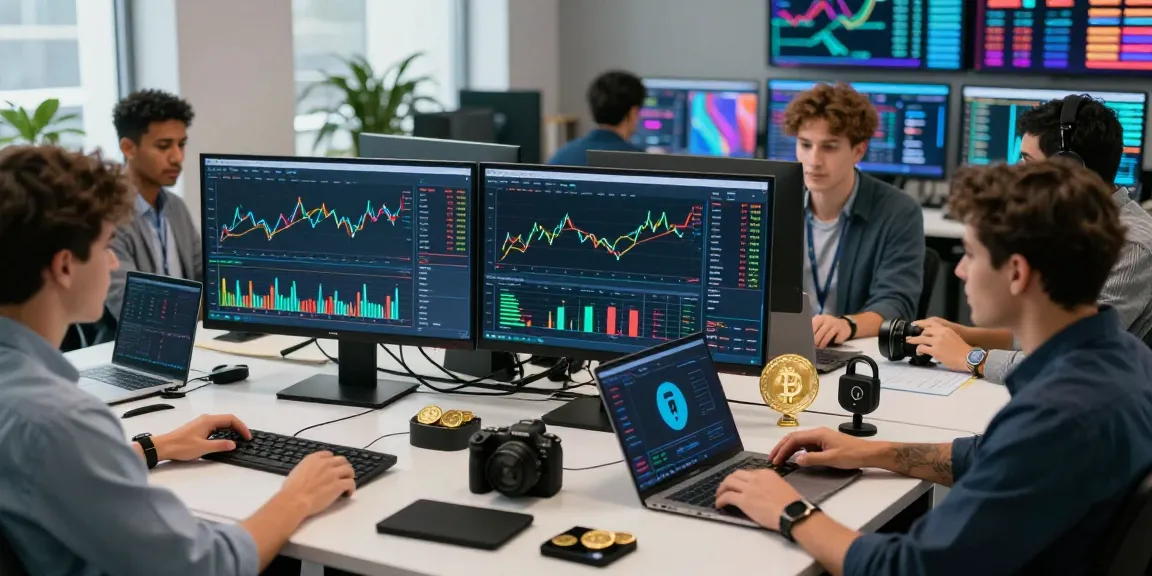 Real-time market analysis at 업투익스체인지, showcasing professionals engaging with cryptocurrency data and technology.