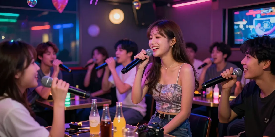 노래방밤알바에서 즐겁게 일하는 젊은 여성의 모습과 다채로운 조명