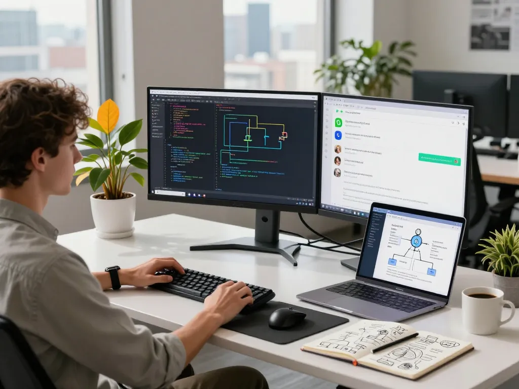 Developer using Clawdbot AI in a modern workspace with dual monitors and coding setup.