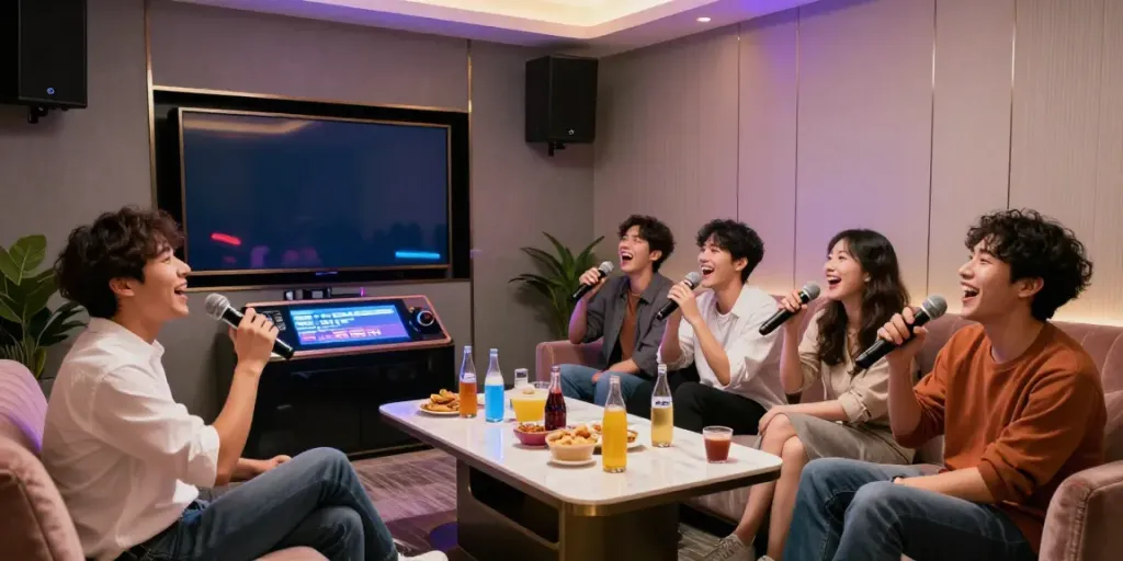 강남도파민의 스타일리시한 가라오케 룸에서 친구들이 노래를 부르며 즐거운 시간을 보내는 모습