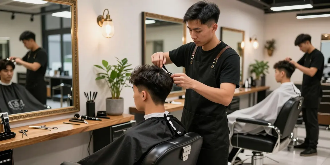 ROKOK88 link alternatif modern barber shop scene with professionals cutting hair and stylish décor.