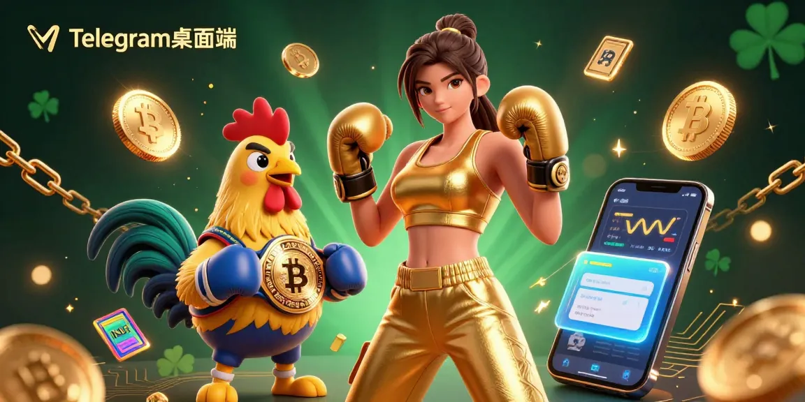 通过这幅生动的3D插图与Telegram桌面端互动,展现了一位强大的女性和一只冠军公鸡,周围环绕着闪烁的加密货币元素。