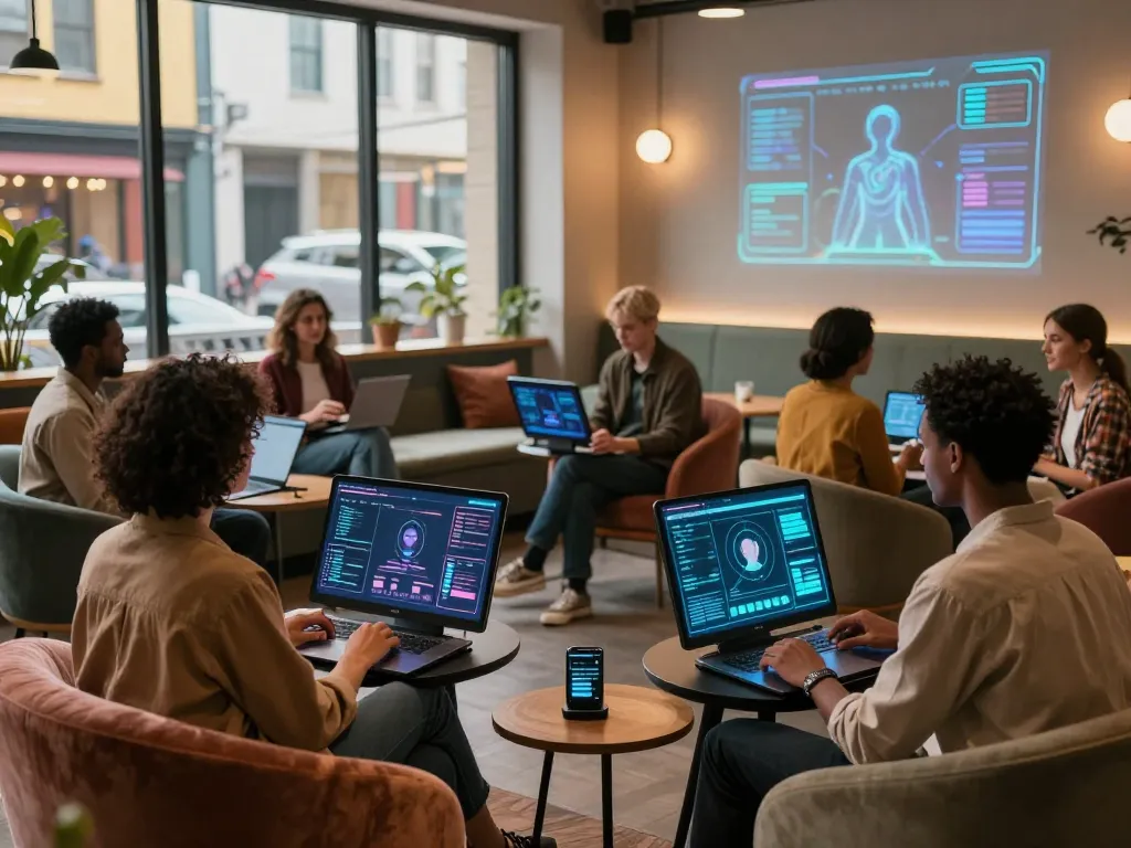 Interactive AI devices enhancing modern relationships in a cozy lounge, showcasing ai sex innovations.