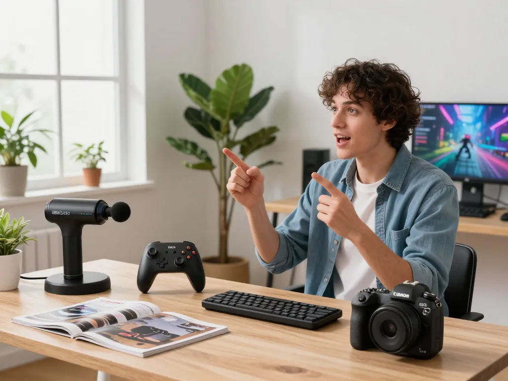 Showcasing must-have tech gadgets in a modern home office, featuring Bluetooth devices and innovative gadgets.
