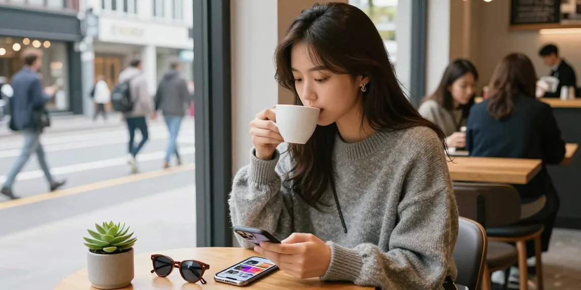インスタ 韓国人 フォロワー 購入を考える若い女性がカフェでコーヒーを楽しむシーン。