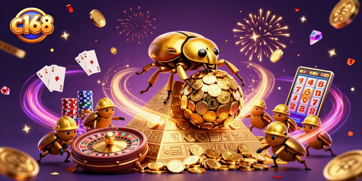 Experience the excitement of c168's dynamic lottery and casino world with sparkling gold coins and vibrant action.