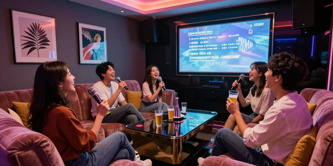 강남가라오케에서 친구들이 함께 노래를 부르며 즐거운 시간을 보내고 있는 모습입니다.