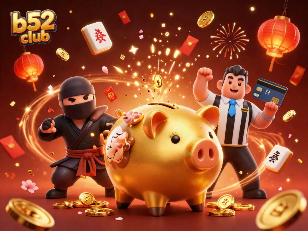 Engage with the excitement of b52 club featuring a dynamic 3D scene of cartoon characters celebrating with golden coins, decorations, and gambling elements.