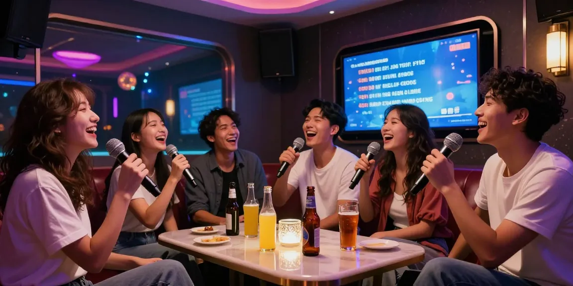 강남가라오케에서 친구들과 함께 노래하며 즐거운 시간을 보내는 모습