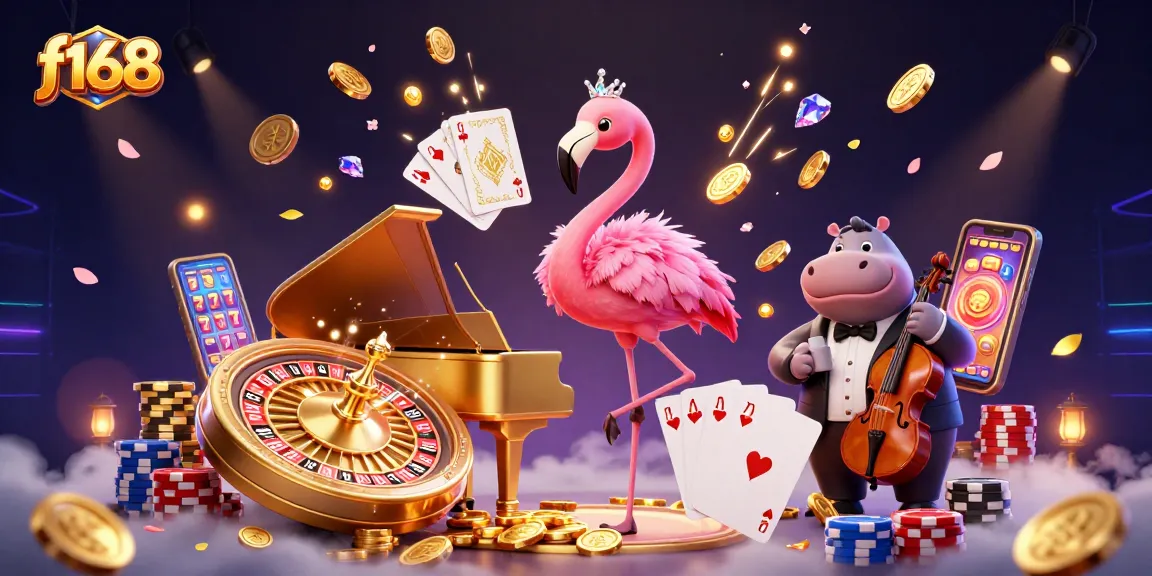 Experience the vibrant f168 casino world with a lively flamingo singer and hippo bassist in a dynamic 3D illustration.