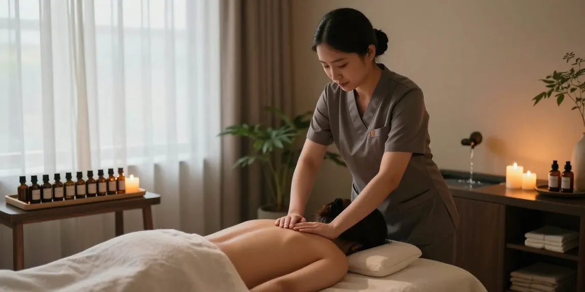 마사지 중인 전문가와 편안한 분위기의 스파 룸