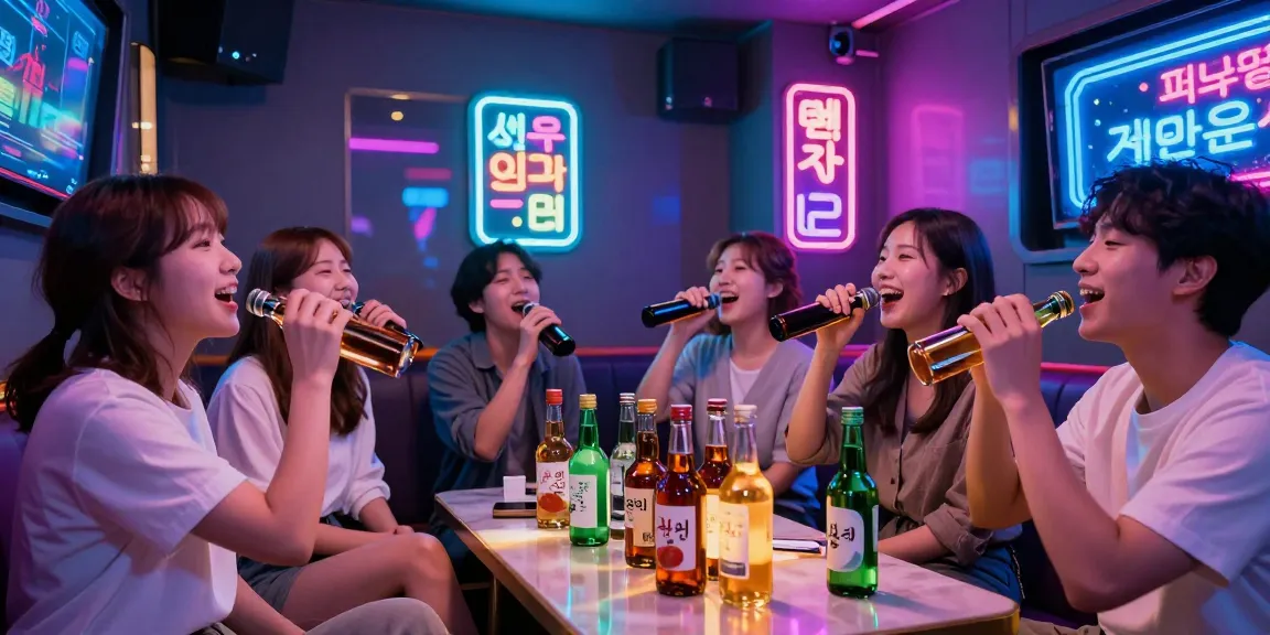 제주유흥에서 친구들과 즐거운 시간을 보내는 모습, 화려한 조명과 노래방 배경.