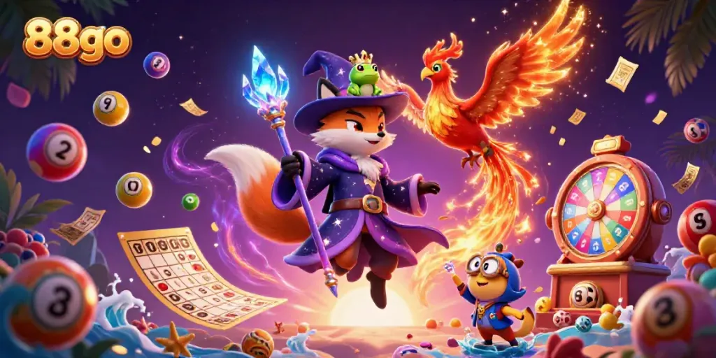 Bet on vibrant games at 88go featuring a mystical fox wizard, a phoenix, and thrilling lottery elements.