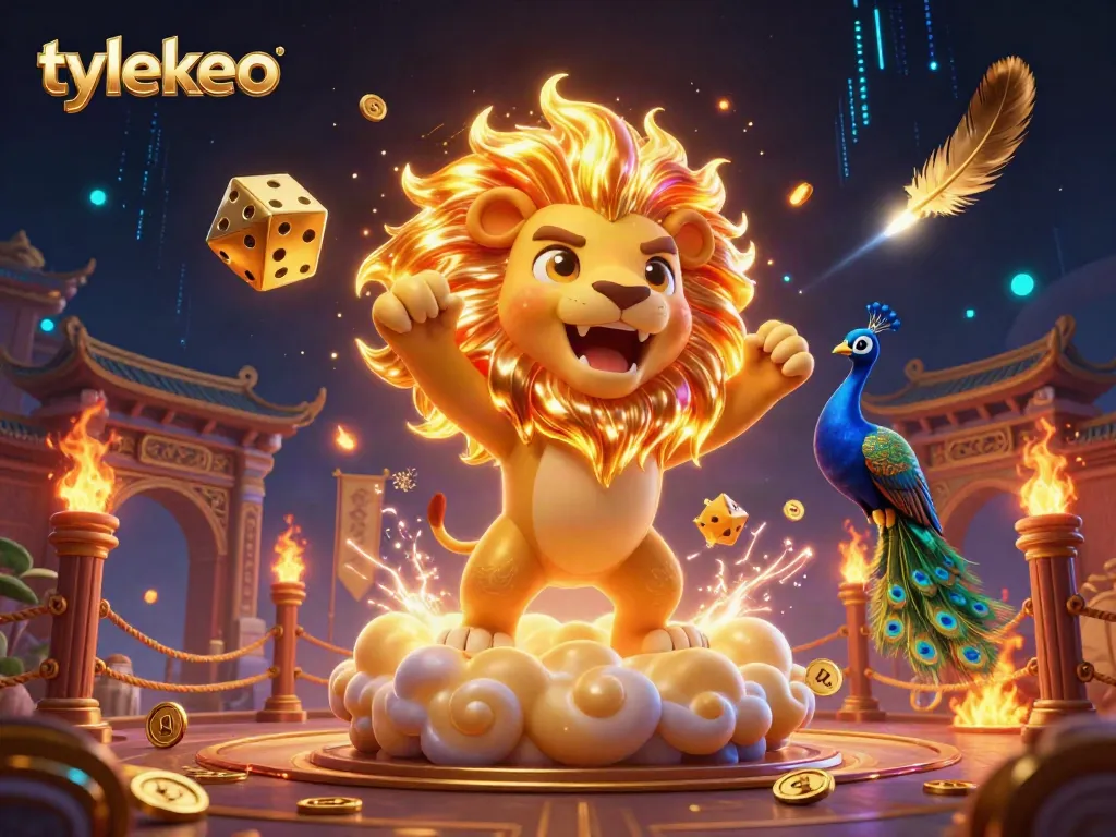 Experience thrilling gambling action with tylekeo illustrated in vibrant detail, showcasing a roaring sun lion and dynamic casino elements.