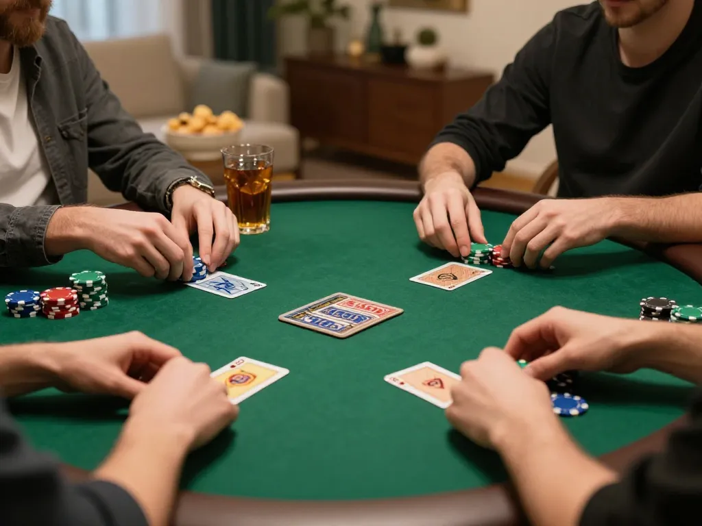 tr88 đăng nhập at a stylish home poker game with players engaged in strategy and friendly competition
