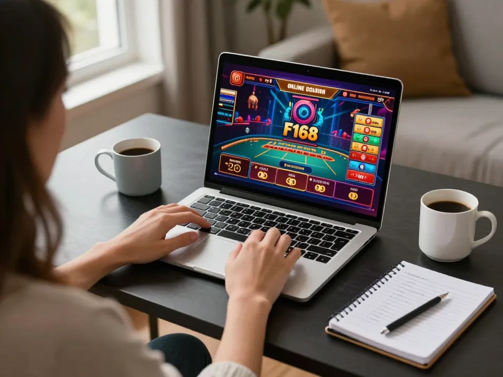 Using F168 online casino for strategic gameplay on a laptop in a cozy home setting