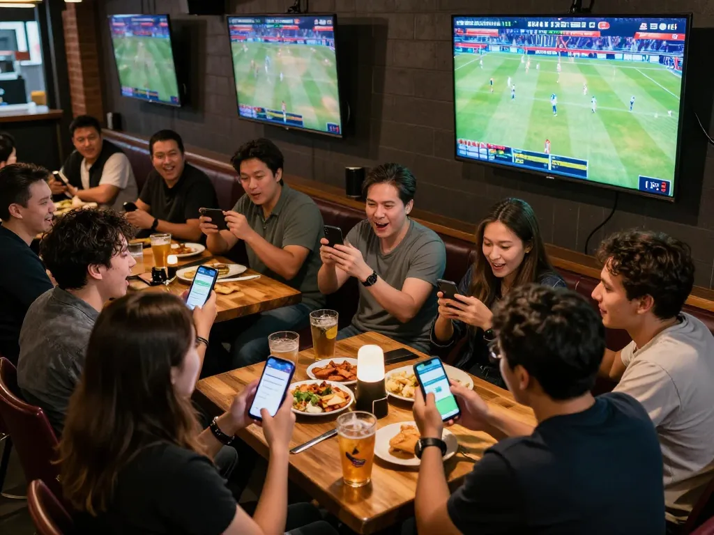Engaged bettors reviewing odds on their phones at a sports betting venue, showcasing Keo nha cai 5 interactions and excitement.