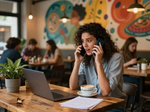 Engaging conversation with an nsfw chat bot in a vibrant café setting.