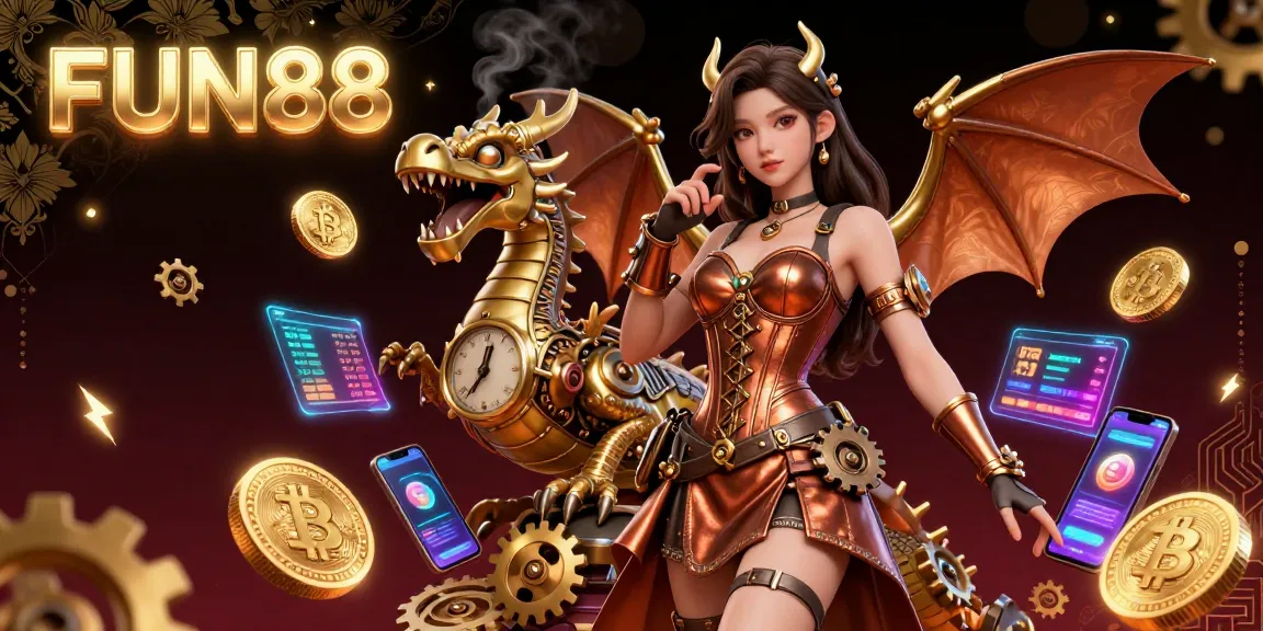 Engage with FUN88, featuring an exciting 3D illustration of a woman in steampunk attire, gaming elements, and cryptocurrency themes.