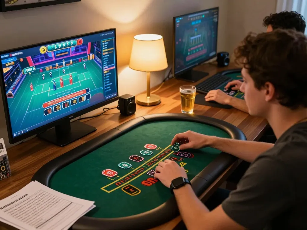 Engaging in responsible gambling with Nhà cái 78WIN at a cozy home gaming setup showing live dealer blackjack.