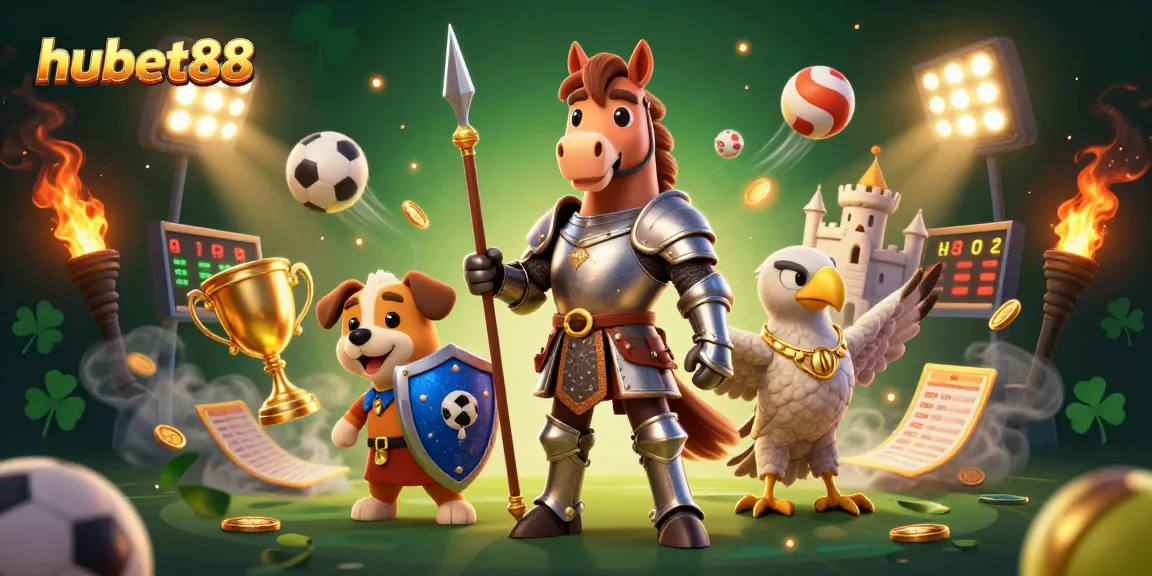 Win big with hubet88 in this vibrant 3D casino scene featuring knights and gaming elements.